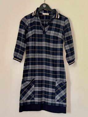Reaction Teen Plaid Knit Polo Dress 3/4 Sleeves in Navy and Light Blue SZ.S